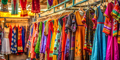 Colorful clothes hanging in a vibrant market , market, clothes, fashion, textiles, colorful, display, vibrant, shopping