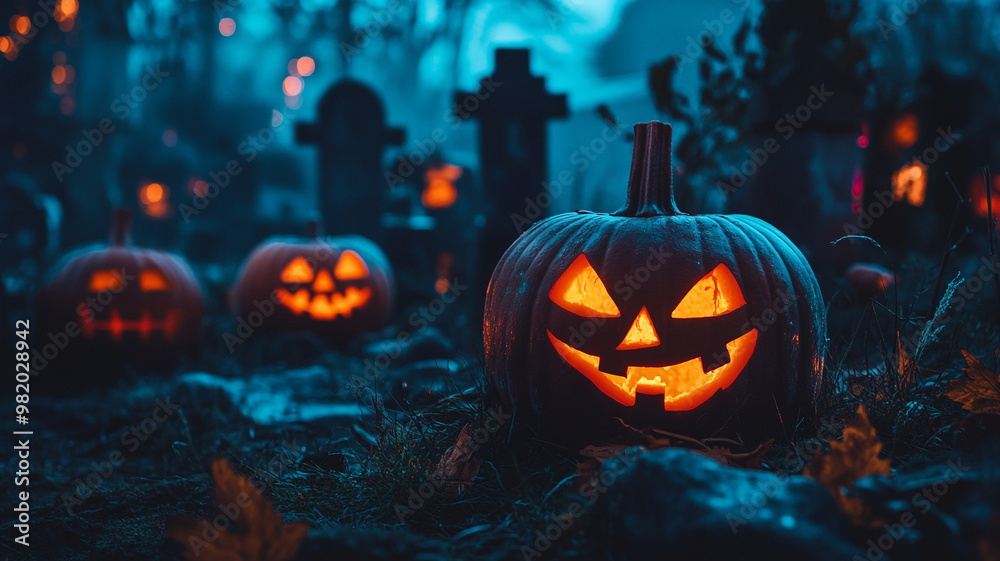 Naklejka premium Glowing jack-o'-lanterns in a misty graveyard create a haunting Halloween atmosphere