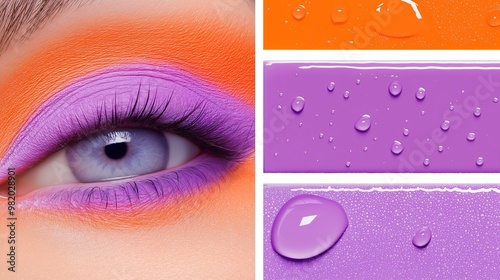 A woman's eye with purple and orange eye shadow. The eye shadow is applied in a way that creates a gradient effect, with the purple and orange colors blending together seamlessly