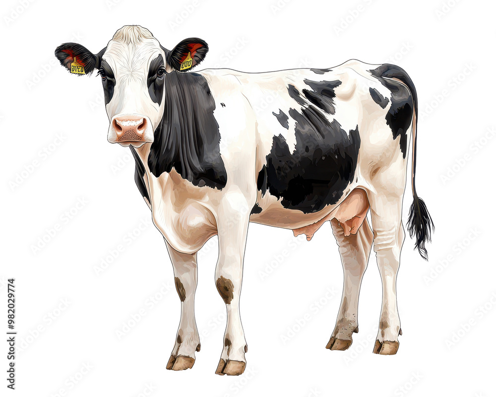 A realistic illustration of a black and white cow standing gracefully in a serene farm setting, showcasing its features. A realistic illustration of a black and white cow standing gracefully in a serene farm setting, showcasing its features.