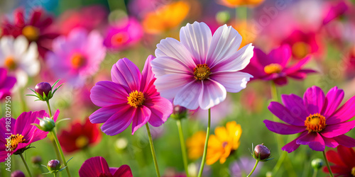 Close up of vibrant cosmos flowers in a variety of colors, cosmos, flowers, close up, colorful, nature, garden, bloom, petals