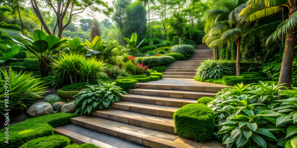 Modern botanical garden with lush green foliage and steps, botanical, garden,modern, lush, green, foliage, steps, plants Modern botanical garden with lush green foliage and steps, botanical, garden,modern, lush, green, foliage, steps, plants