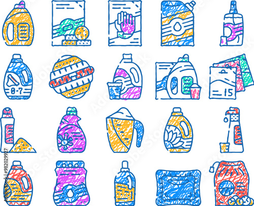 detergent washing doodle icons set vector. sketch line art detergent pods and liquid, laundry ball and pills, organic soap and powder bag package color illustrations