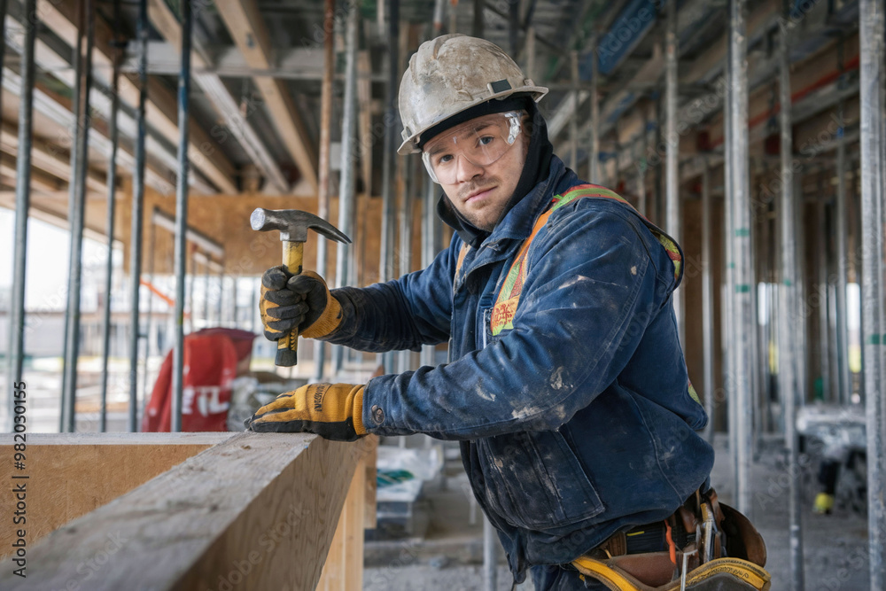 Construction worker with hard hat and hammer at construction site