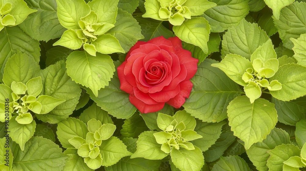 Single Vibrant Red Rose Blossom Amongst Lush Green Hydrangea Foliage, Natural Background