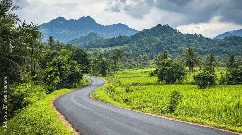 A winding road through lush green fields and mountains under a cloudy sky. A winding road through lush green fields and mountains under a cloudy sky.