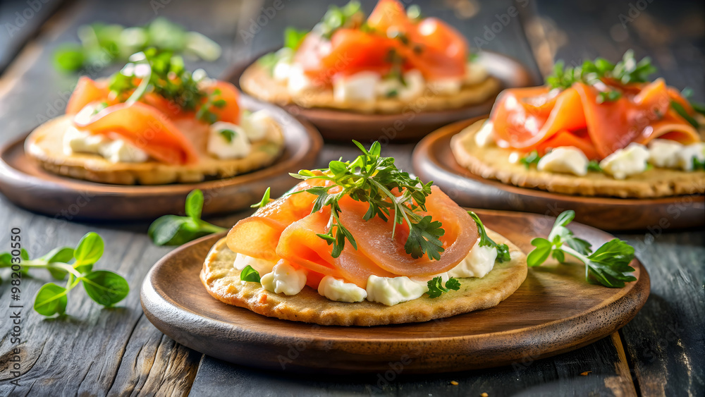 Delicious tostadas topped with smoked salmon and soft baked cheese, served at a restaurant in Olite Spain, food, dish Delicious tostadas topped with smoked salmon and soft baked cheese, served at a restaurant in Olite Spain, food, dish