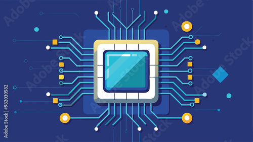 Print Technology Innovation Background with CPU Processor and Flat Cable Pattern on Dark Blue Tech Vector Illustration