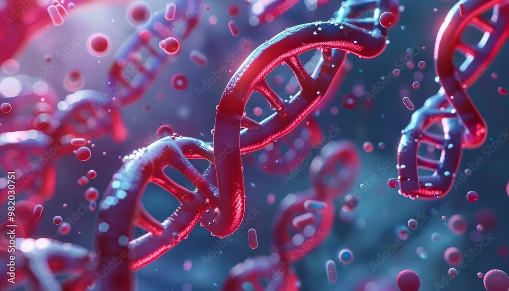 Double helix dna strand with red and blue spheres floating in space ...