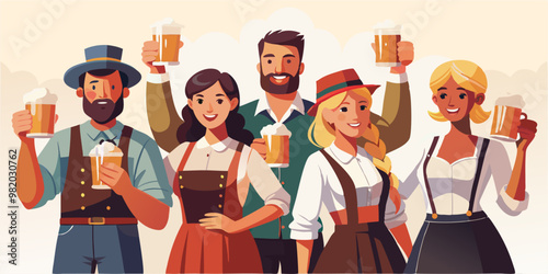 Group of people celebrating oktoberfest in traditional german attire with beer mugs in hand