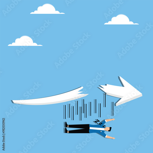 Wrong speculation, missing opportunity to make profit from investment, mistake in stock market analysis concept, Reckless businessman falling down from graph while sleeping