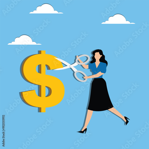 Cost cutting strategy during economic recession, reducing company expenses, budget constraints concept, Businesswoman cutting off insignificant part of dollar sign