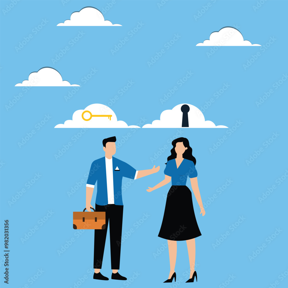 Naklejka premium Business secret, specific talk and negotiation, confidential communication concept, Businessman and woman talking about confidential information