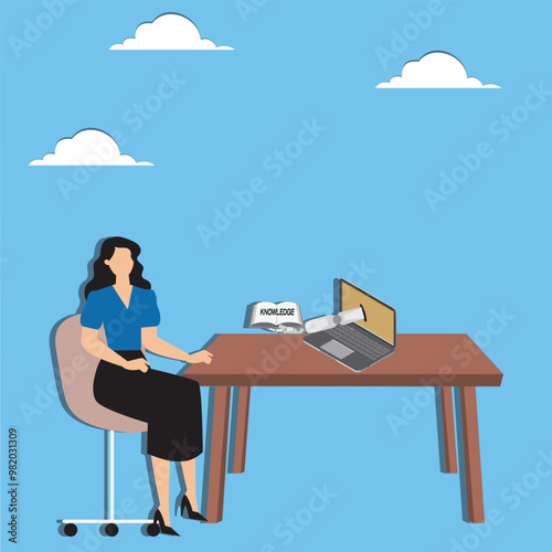 Artificial intelligence assistant, applying machine learning to work, data analysis with chatbot concept, Businesswoman receiving knowledge from robotic hand coming out of laptop screen