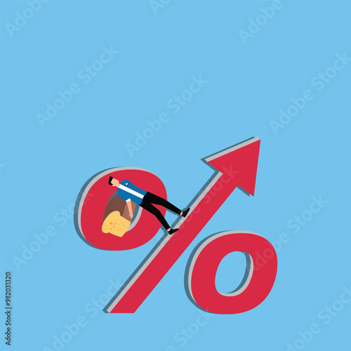 Inflation causing food price rising up, fighting high cost of living, reducing purchasing power concept, Fatigue businessman carrying bread on back while walking up percentage sign with upward arrow