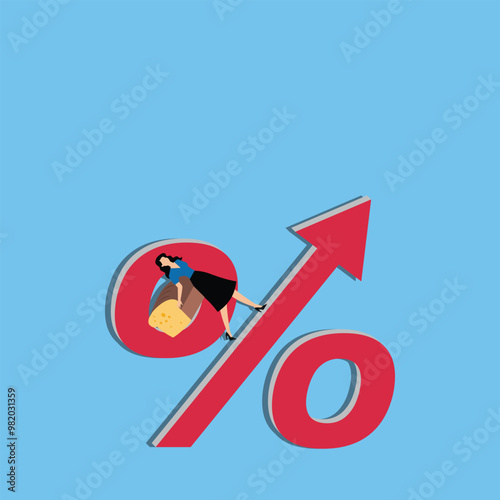 Inflation causing food price rising up, fighting high cost of living, reducing purchasing power concept, Fatigue businesswoman carrying bread on back while walking up percentage sign with upward arrow