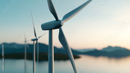 Close-up of a wind turbine against a serene landscape, symbolizing clean energy and sustainability at sunset.