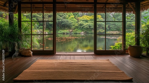 A serene view from a wooden structure overlooking a tranquil pond surrounded by lush greenery.