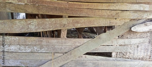 Old wooden planks arranged for a cow shed