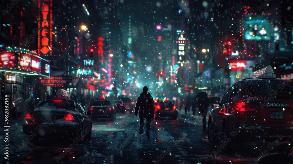 Snowy urban scene with neon lights and busy streets. Snowy urban scene with neon lights and busy streets.