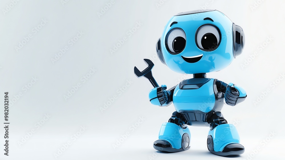 Cute blue robot holding a wrench with a friendly expression. Cute blue robot holding a wrench with a friendly expression.