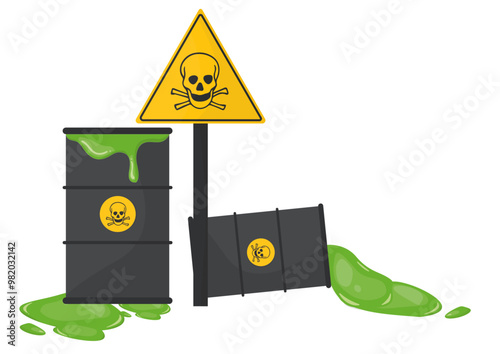 Leaking toxic waste barrels with a skull hazard sign, symbolizing danger, pollution, and environmental contamination. Hazardous substances icons isolated on white background