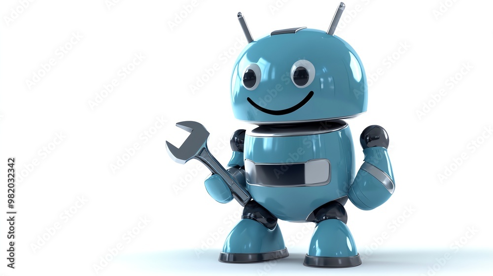 Naklejka premium A blue robot holds up a wrench with a smile on its face.