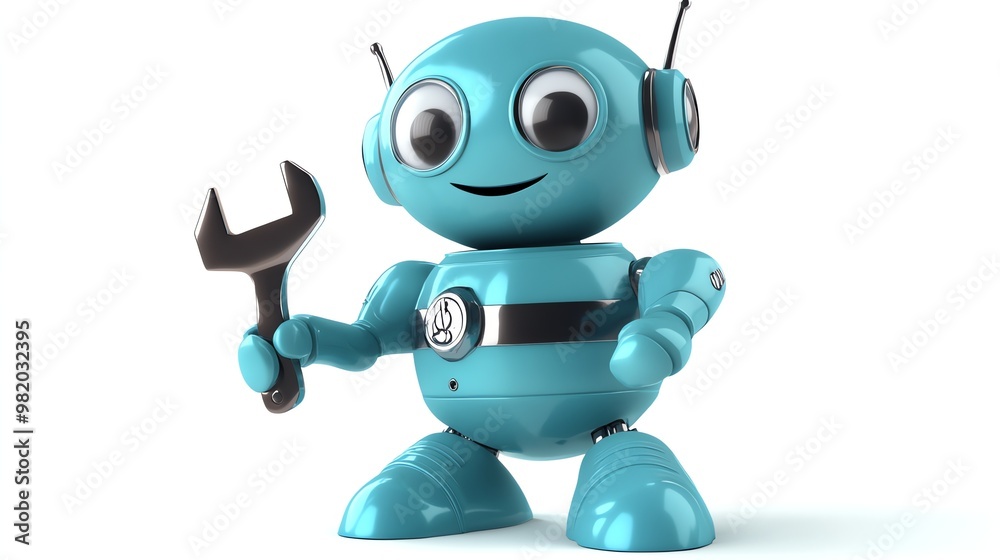 A friendly, blue robot holds a wrench in its hand. A friendly, blue robot holds a wrench in its hand.