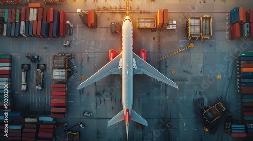 Aerial View of a Cargo Plane Being Loaded with Freight Containers for Global Shipping Operations at a Busy Airport Terminal. photo