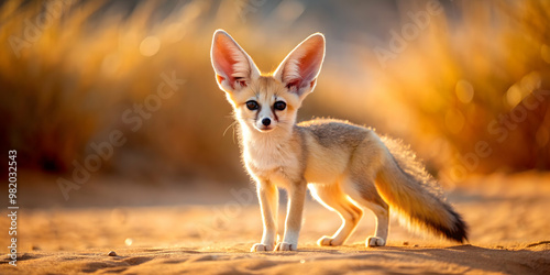 of a cute fennec fox standing in the desert, fennec, fox, animal, wild, desert, cute, safari,wildlife, nature, sand, mammal