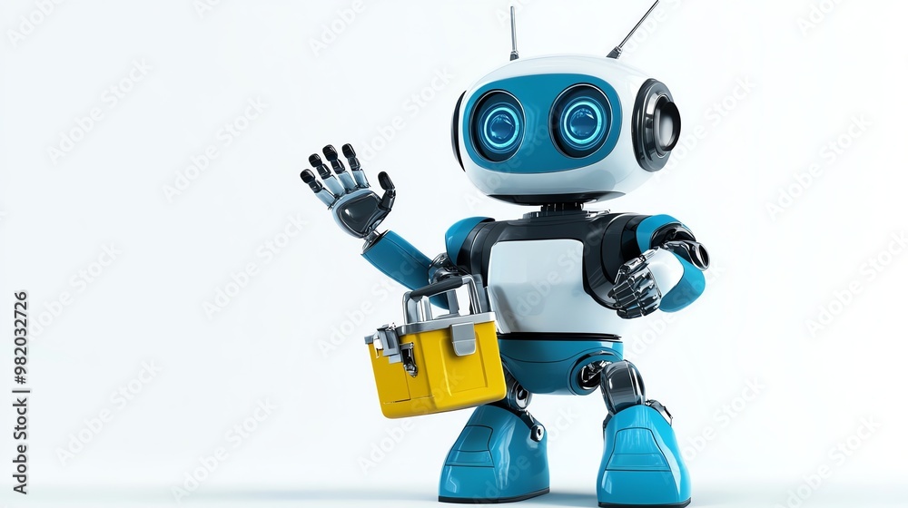 A friendly blue and white robot waves with a yellow toolbox. A friendly blue and white robot waves with a yellow toolbox.