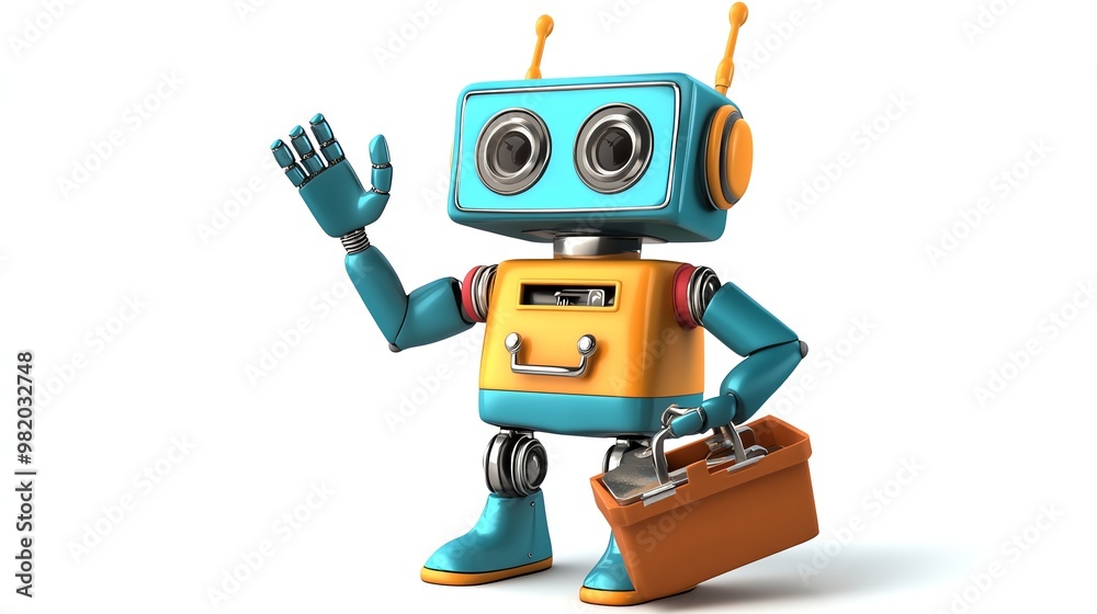 Fototapeta premium Friendly cartoon robot with a toolbox, waving hello and ready to help.