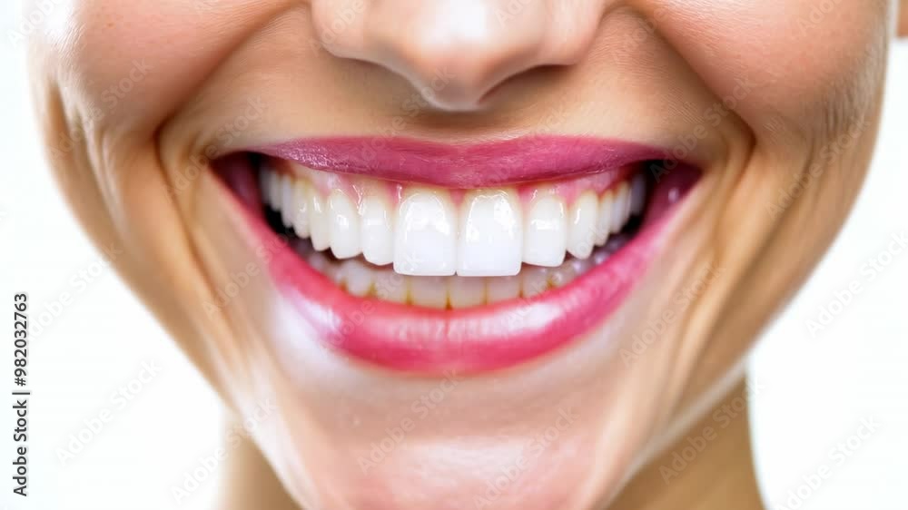 Mouth of a smiling young Caucasian woman on a white background. A captivating smile filled with white teeth, showing how a simple whitening treatment can boost self-assurance.