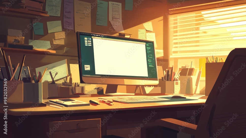 A cozy workspace with a computer, stationery, and natural light streaming in. A cozy workspace with a computer, stationery, and natural light streaming in.