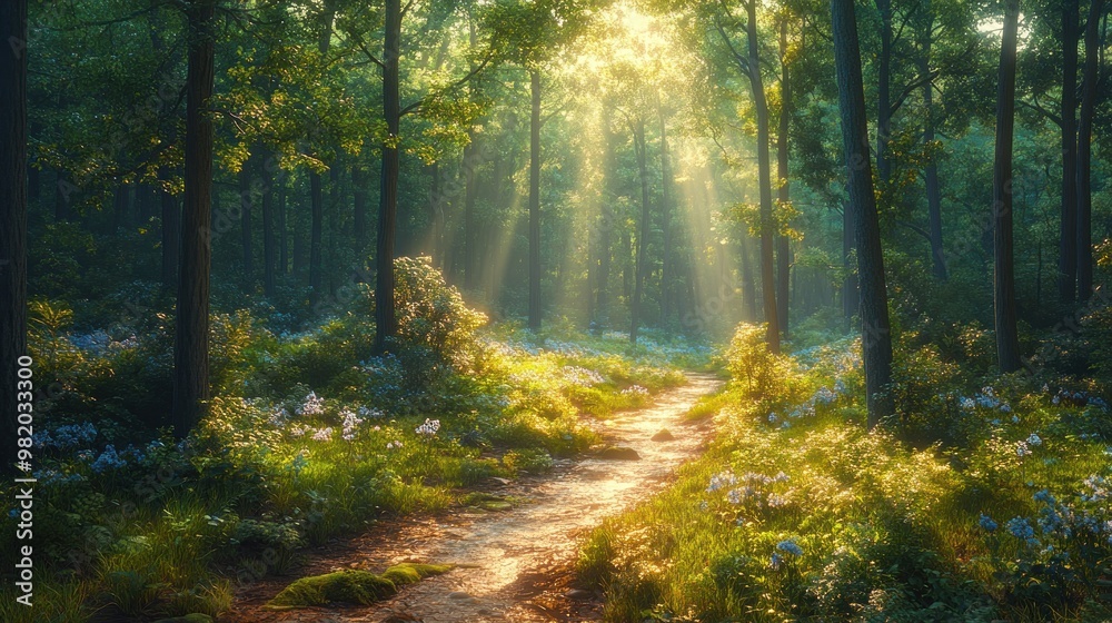 Obraz premium Sunlight filters through a serene forest path adorned with flowers.