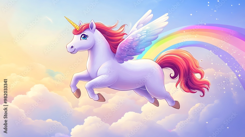 A white unicorn with rainbow wings flies through the clouds with a rainbow in the background. A white unicorn with rainbow wings flies through the clouds with a rainbow in the background.