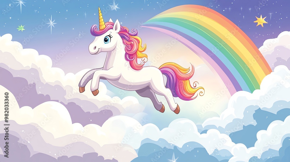 Cute cartoon unicorn flying through clouds with a rainbow in the background. Cute cartoon unicorn flying through clouds with a rainbow in the background.