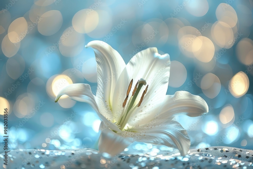 White Lily Flower on Sparkling Blue Background, Dreamy Floral Close-Up with Soft Focus Bokeh