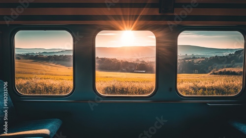 A scenic view from a train window, showcasing a sunrise over fields and hills.