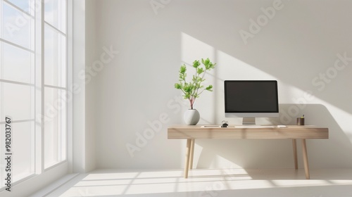 Modern home office setup with minimalistic design, featuring a sleek desktop computer and a potted plant on a wooden desk. 