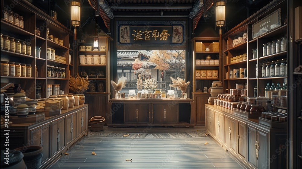 In ancient China, grocery stores has spice racks, fabric racks, tea cabinets, and lamps. Generative AI.