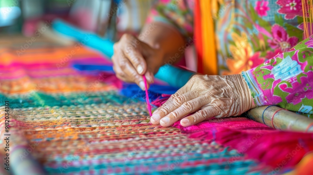 Thai village women demonstrating the art of weaving on a community loom Thai village women demonstrating the art of weaving on a community loom