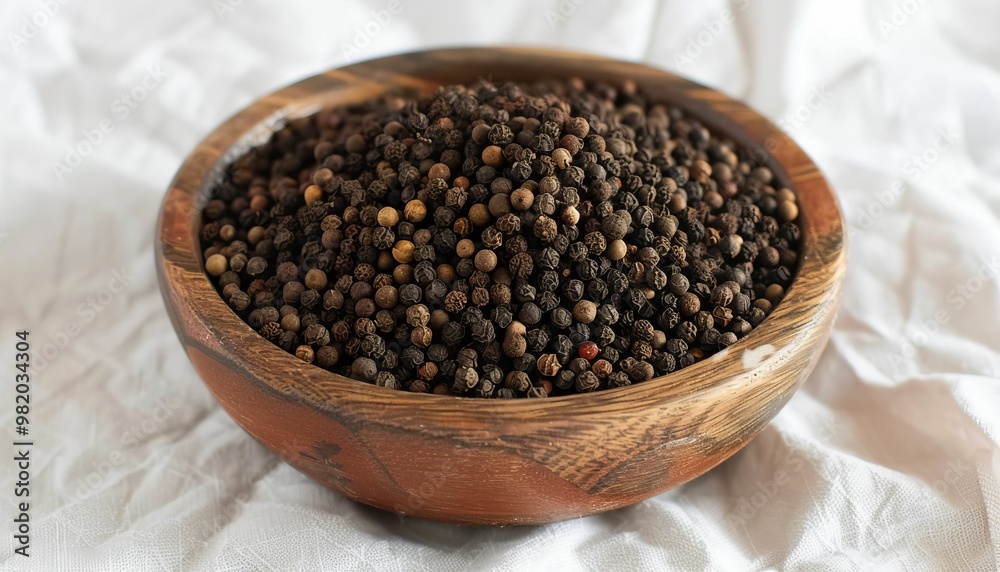 Black peppercorns in a wooden bowl on white fabric Black peppercorns in a wooden bowl on white fabric