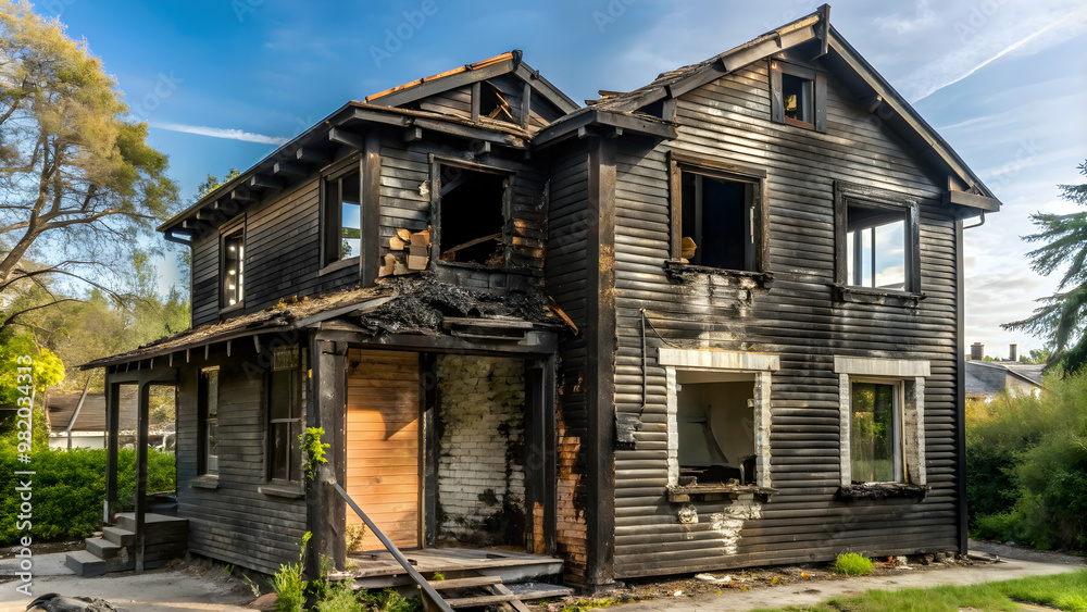 Burnt house with charred plastic facade, house, fire damage, destroyed, charred, debris, ruins, disaster Burnt house with charred plastic facade, house, fire damage, destroyed, charred, debris, ruins, disaster