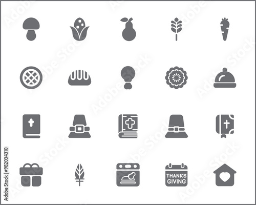 Set of Thanksgiving Icons line style. Contains such Icons as autumn, food, drink, celebration, Pilgrims, decorations, farming, gifts, nature, produce And Other Elements.