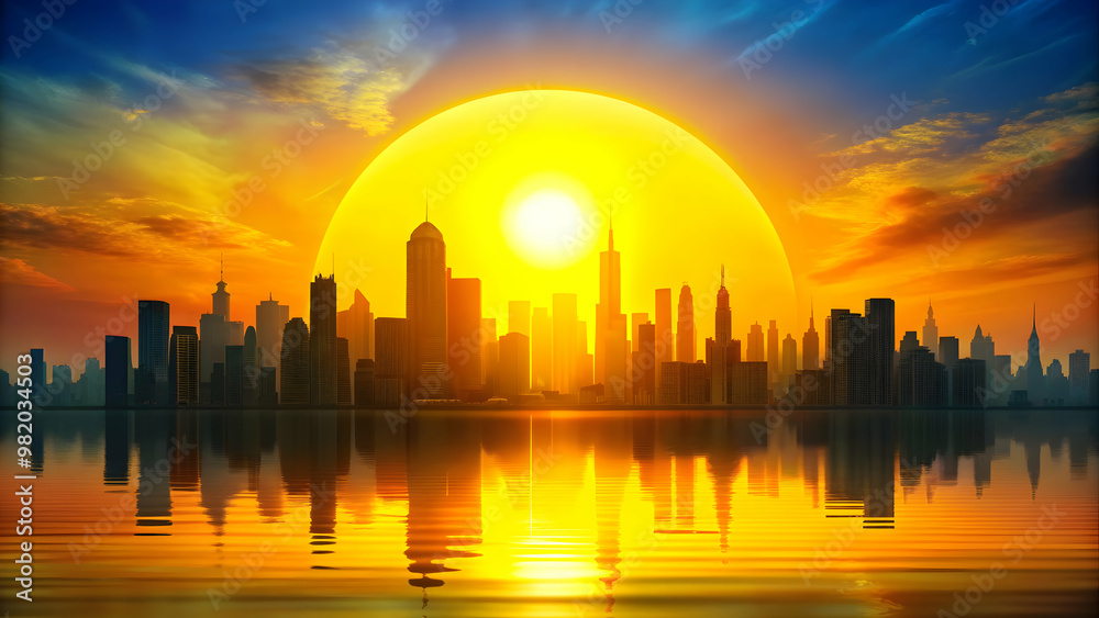 Fototapeta premium Colorful cityscape with large yellow sun in background, cityscape, colorful, sun, yellow, buildings, skyline, urban