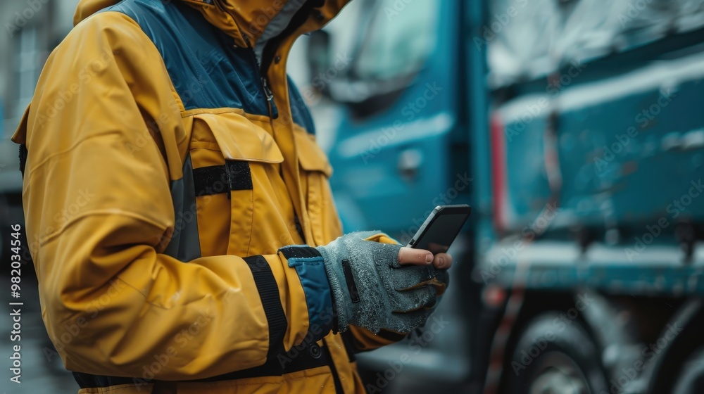 Fototapeta premium A hardworking delivery person analyzes information on their handheld device amid the hustle of an urban environment.
