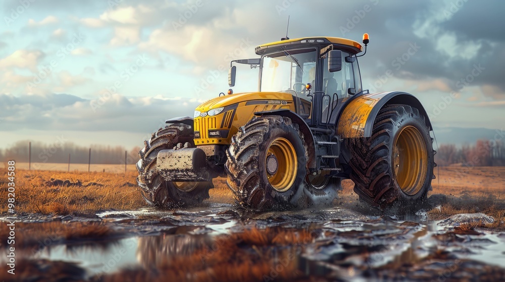 Obraz premium Yellow tractor on a muddy field under cloudy skies.