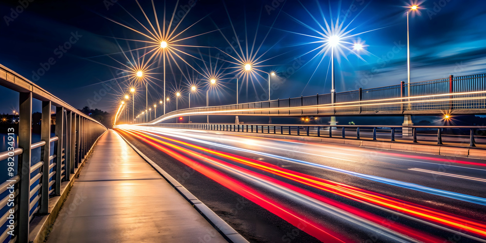 Light trails on a bridge at night , transportation, urban, cityscape, long exposure, traffic, motion Light trails on a bridge at night , transportation, urban, cityscape, long exposure, traffic, motion