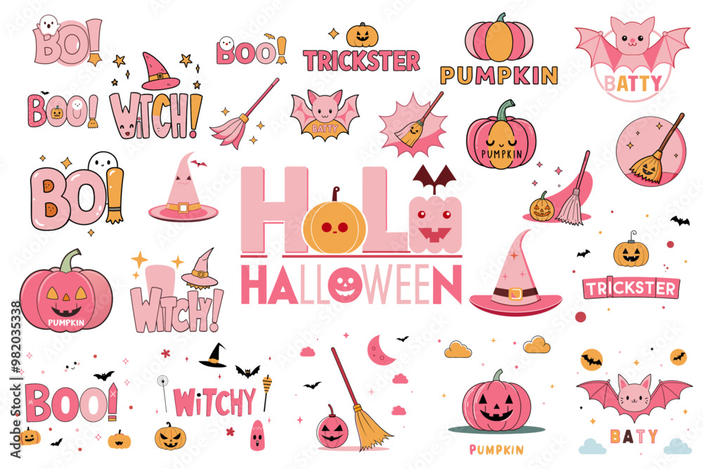 Fototapeta premium Cute Halloween illustrations with pumpkins, witches, and bats